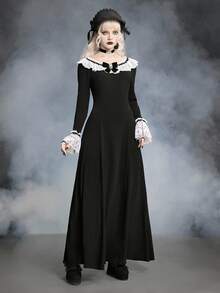 ROMWE SpringGothic Lace Patchwork Long Dress For Women, Spring/Summer - Black - View 7