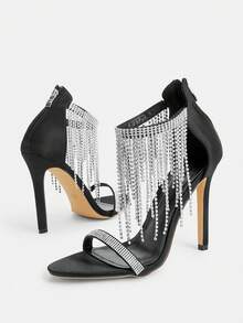 Glitzique Luxury Sparkling Diamond Sexy High Heels Sandals, Black Color With Zipper Strap, Rhinestone Stilettos, Comfortable Women's Super High Heels, Party & Wedding Shoes' Spring Shoes Summer Shoes - Black - View 6