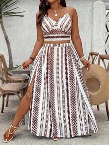 SHEIN VCAY Bộ đồ 2 món cỡ lớn gồm áo hai dây in họa tiết hình học và chân váy xẻ cao, thích hợp cho kỳ nghỉ thường ngày. - Cà phê nâu - Xem 6