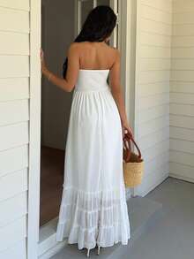 Sunnyshic 女士白色长款连衣裙，抽绳腰身，A字裙摆，挂脖设计，优雅时尚，适合海滩、度假、约会、浪漫场合，荷叶边下摆，甜美少女风，春夏款。 - 白色 - 查看 2