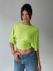 Aloruh Solid Color Batwing Sleeve Cropped Short Sleeve Top, Fitted, Versatile For Summer - Green - View 6