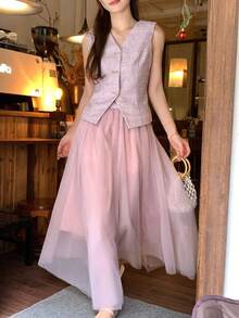 DAZY Women's V-Neck Single-Breasted Vest And Mesh Midi Skirt Elegant 2-Piece Set - Pink - View 5