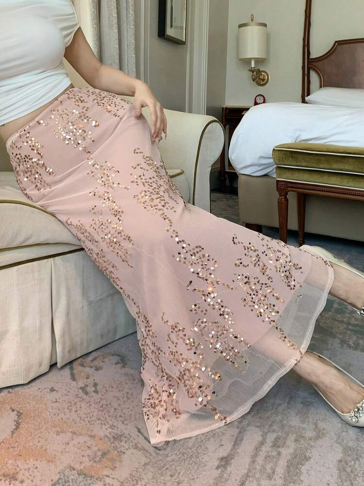 Women's Solid Color Sequin Decor Elegant Mermaid Skirt