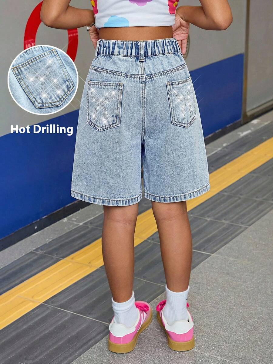 SHEIN 少女时尚休闲 Y2K 复古酷炫街头夏季波西米亚风水洗宽松牛仔长短裤，饰有蝴蝶结，适合夏季海滩、音乐会、锐舞派对、日常穿着，春夏锐舞节和街头服饰，女童短裤牛仔裤 - 藍色 - 查看 1