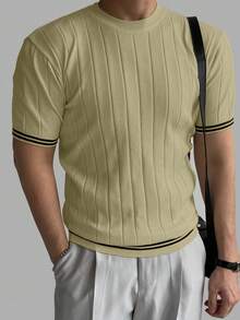 DAZY Atasan Rajut Lengan Pendek Pria Kasual Musim Panas dengan Trim Blok Warna - Mint Green - View 4