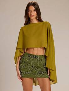 SHEIN BAE 女士简约纯色前短后长披肩领上衣 - 黃色 - 查看 7