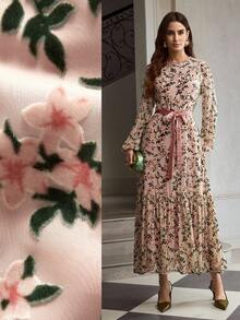 ZEYLAH 女士印花灯笼袖荷叶边下摆系带连衣裙，度假风，春秋季 - 粉色 - 查看 7
