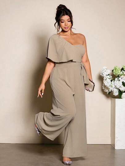 Elenzga Plus Size Women's Wrap Shoulder Tie Waist Jumpsuit, Elegant For Outings, Commute, And Dates