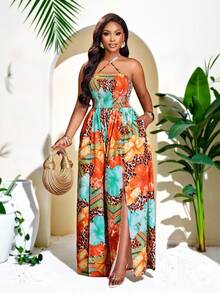 Brilight Women's Elegant Party Wear, Sexy, Casual, Vacation, Beach, Music Festival, Thanksgiving, Easter, Sunbathing, Stretchy Ruched Criss-Cross Halter Neck Jumpsuit, Loose Fit With Side Slits, Irregular Pattern Print, Sleeveless Long Jumpsuit. - Multicolor - View 1