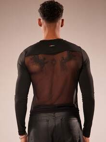 FeverCity Men's Sexy Mesh Patchwork Long Sleeve T-Shirt - Black - View 2