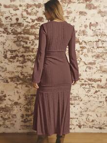 Aralina Women's V-Neck Button Design Long Sleeve Fishtail Hem Elegant Dress - Chocolate Brown - View 2