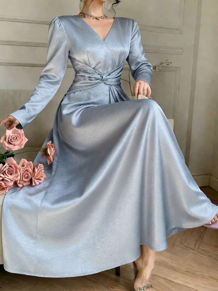 Women's Solid Color Crossed V-Neck Long Sleeve Waist Twist Elegant Mid-Length Dress Wedding Guest Dress Sundress