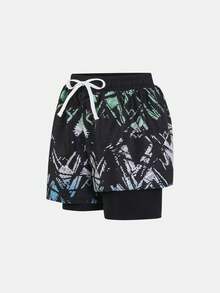 Tween Boy Geometric Print Double-Layer Beach Swim Trunks - Black - View 4