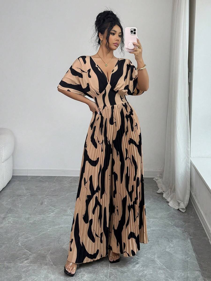 Elenzga 女士夏季海岛椰树日落暖沙笔触V领收腰阔腿连体裤，度假必备 - 咖啡棕 - 查看 1