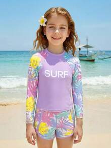 SHEIN 女童新款时尚字母拼接印花泳衣套装 - 彩色 - 查看 3