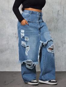 Slaydiva Plus Size Women Distressed Waistband Wide Leg Loose Fit Jeans - Blue - View 4