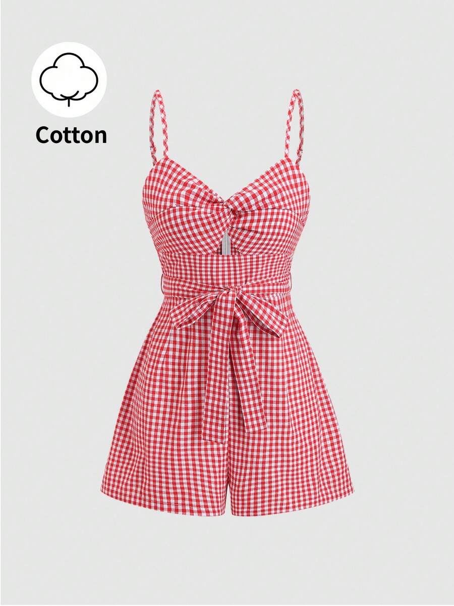 Sweetra 红色格子扭结镂空吊带露背系带宽松短裤连体裤，女士优雅简约通勤休闲时尚春夏装扮 - 紅色 - 查看 1