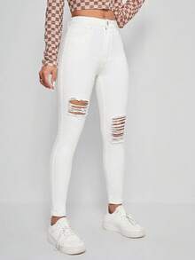 SHEIN ICON Celana Jeans Skinny Fit Kasual Serbaguna Warna Polos dengan Efek Sobek - Putih - View 5