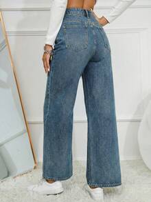 Flexra Pantalones vaqueros rectos de unicolor, sueltos y casuales con presillas para cinturón - Azul lavado medio - Ver 2
