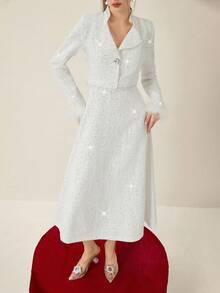 Opuloom Christmas Women's High-Quality Fabric Collared Shoulder Long Sleeve Shiny Knit Patchwork Straight Short Jacket Paired With A-Line Maxi Skirt, Elegant French Chic Casual Outfit For Daily Wear, Autumn/Winter - White - View 7