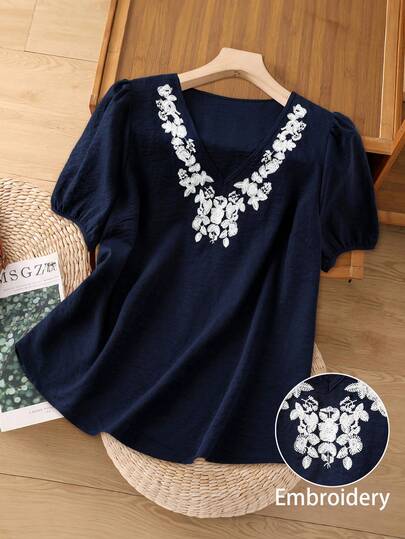 Linhara 大码女装畅销V领休闲刺绣短袖衬衫，精致刺绣，修身廓形上衣，适合日常通勤和户外活动