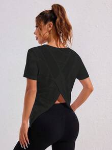 Gameset SHEIN Sport 两件套女士运动上衣，提花面料拼接网眼布，交叉露背设计，黑白配色，春夏款 - 彩色 - 查看 4