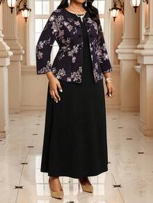 Fleurora 春夏秋冬休闲优雅圆领喇叭腰带纽扣中长长袖休闲优雅黑色连衣裙职业装棕色半身裙黑色半身裙女装套装 - 黑色 - 查看 4