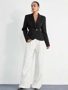 Aveloria Modichic 黑色纯色立领双层露背不对称金属手工缝制纽扣修身休闲百搭女式西装外套 - 黑色 - 查看 5