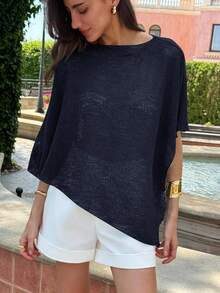 Aloruh Áo choàng dệt kim jacquard khoét lỗ màu mơ thời trang mới, đa năng, kiểu dáng cổ yếm, cổ áo choàng, thích hợp mặc đi nghỉ mát, nhẹ nhàng, kiểu dáng áo khoác ngoài. - Màu xanh hải quân - Xem 3