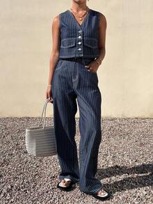 Livesso Striped Sleeveless V-Neck Button Front Fashion Summer Women Denim Suit - Blue - View 1