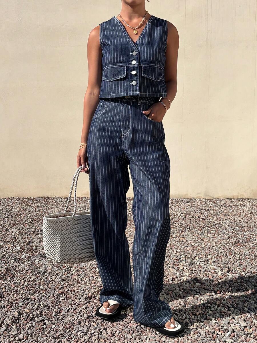 Livesso Striped Sleeveless V-Neck Button Front Fashion Summer Women Denim Suit - Blue - View 1