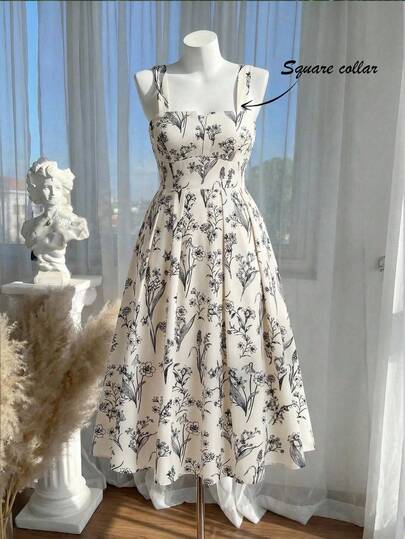 SHEIN MOD Vestido largo de tirantes finos con estampado floral vintage, tallas grandes, para el verano