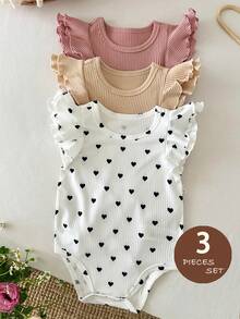 LMoss Kids 3件套女婴可爱爱心印花荷叶袖连体衣套装 - 彩色 - 查看 7