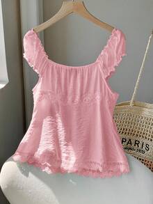 Comfortcana Women's Casual Contrast Lace Pink Button-Front Woven Shirt, Summer - Pink - View 2