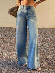 DAZY 女士低腰水洗宽松直筒牛仔裤，休闲街头风 - 淺色水洗藍 - 查看 4