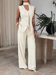 Livesso Damen elegantes ärmelloses, fließendes Top und lässige Hose Zweiteiler, geeignet für Sommer Urlaubs-Loungewear für Frauen - Beige - Übersicht 3