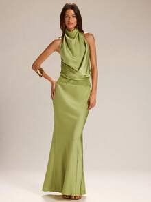 SHEIN BAE 女士绿色缎面吊带无袖腰部串珠拼接鱼尾连衣裙，优雅春夏连衣裙 - 綠色 - 查看 4