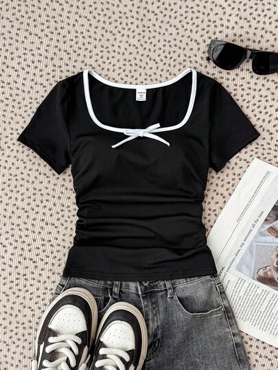 Tween Girls Black Knit Contrast Color T-Shirt With 3D Bow, Casual Daily Fashion Versatile Outfit For Hanging Out, Photo Shoot, Party
