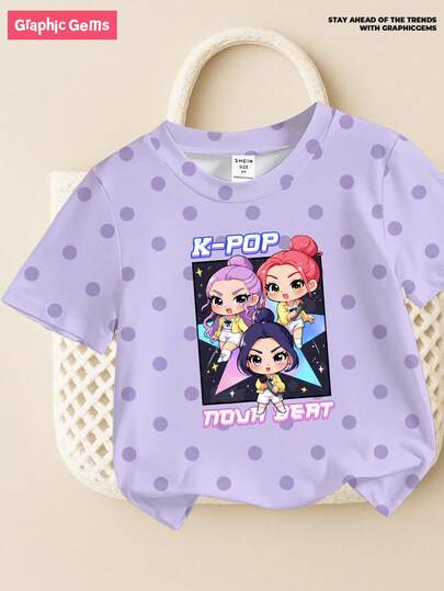 GraphicGems 女童字母卡通图案圆领短袖T恤，紫色时尚可爱街头风，适合K-Pop粉丝日常穿着，四季皆宜，居家、日常、K-Pop女团等各种场合皆可，春、夏、秋、冬皆宜。