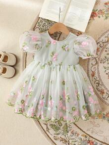 Cozy Pixies Baby Girl Floral Print Round Neck Puff Sleeve Waist Cinched Dress - Multicolor - View 2