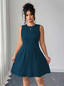 Elenzga 大码女式纯色圆领无袖休闲连衣裙 - 水鴨藍 - 查看 6