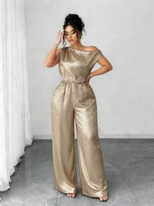 INAWLY Plus Size Elegant Asymmetric Neckline Batwing Jumpsuit - Gold - View 5