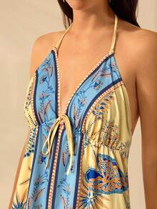 CAJUNI 女士度假热带波西米亚印花吊带系带休闲沙滩夏季长裙 - 黃色 - 查看 6