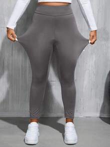 SHEIN Essnce Plus Size Women's Spring And Autumn Leisure Sports High Waist High Elastic Comfortable Black Slim Leggings,Women Bottom,Street Wear,Curve Pants,Basics Pants,Fall Outfits,Y2k Pants - Grey - View 2