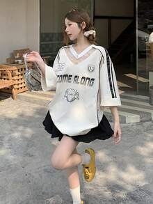 DAZY Women's V-Neck Numeric Print Contrast Lace Loose Street T-Shirt - White - View 6