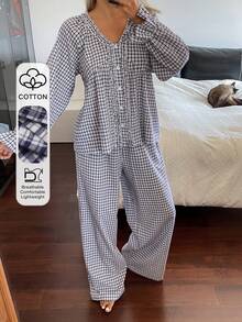 DAZY 可爱格子荷叶边女士睡衣套装 - 藍色 - 查看 4