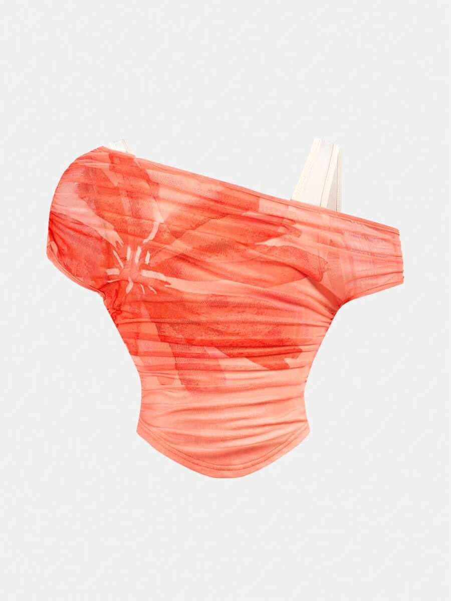 Girlism 少女碎花荷叶边不对称领口修身T恤 - 珊瑚橙 - 查看 1