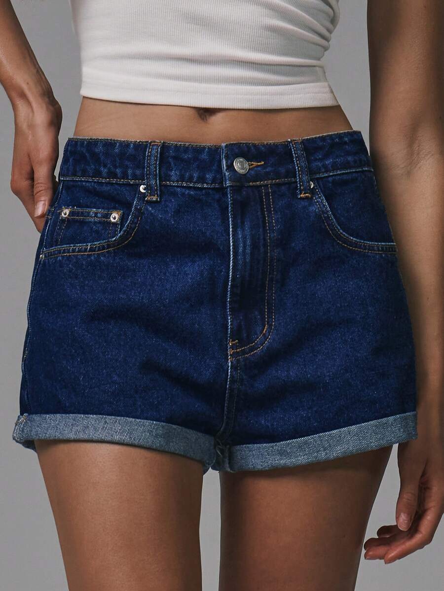 MUSERA Mid Waist Turn Up Hem Classic Denim Shorts Basics Autumn Fall Cute Streetwear Going Out Casual Core Denim Spring Summer - Dark Wash - View 1