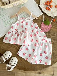 SHEIN Bộ 2 món gồm áo không tay và quần in hình dâu tây dễ thương, kèm túi hình dâu tây, thích hợp cho mùa xuân/hè, mặc trong nhà, ngoài trời, du lịch và mặc hàng ngày. - Nhiều màu - Xem 7