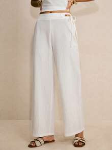 Poéselle Quần ống rộng màu trắng 100% cotton, quần hè cạp cao, kiểu dáng suông thoải mái, thanh lịch dành cho nữ, quần trắng trơn cạp chun thoải mái phù hợp mặc hàng ngày, quần kiểu Pháp, quần đi biển trắng mới năm 2026, quần trắng nữ, quần ống rộng trắng, quần trắng nữ, quần vải lanh trắng. - trắng - Xem 6